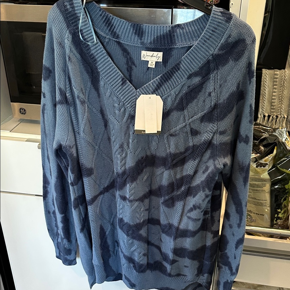 Blue Tie-Dye Cable Knit V-Neck Sweater med / large nwt
